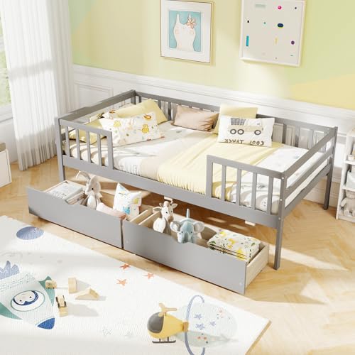 Image of KOMFOTT Wood Twin Bed Frame with Fence Rails & 2 Pull-Out Drawers, Kids Twin Bed Frame with Side Shelf, No Box Spring Needed Solid Wood Slats Supported Daybed for Children & Teens (Grey)