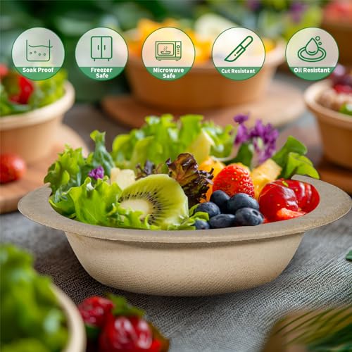 Aricsen Compostable 16 Ounce 150 Pack Disposable Round Paper Bowls, PFAS-Free, Eco-Friendly, Biodegradable Bagasse For Hot Soup Food Salad Dinner Party, Unbleached Natural Light Brown (150, 16 OZ)