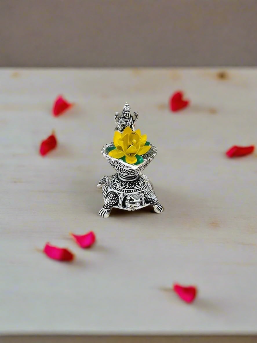 Silver Plated Set of 2 Lakshmi Diya with Lotus and Bag for Home/Gift Item