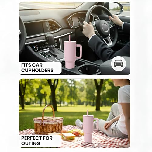 Image of Personalised 1200ml Insulated Stainless Steel Tumbler with Handle and Straw Lid - Large Travel Mug for Coffee & Water, Double Wall Vacuum Cup, Car Cupholder Friendly (Soft Pink)