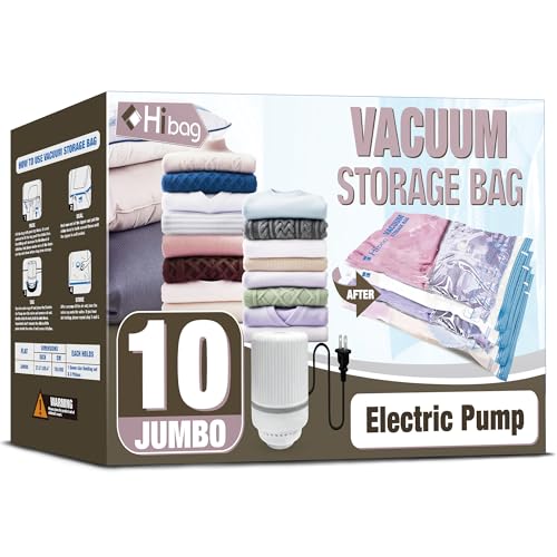 Image of HIBAG Vacuum Storage Bags with Electric Pump, Vacuum Seal Bags for Clothing, Pillows, Blanket Bedding Comforters, 10 pack Jumbo