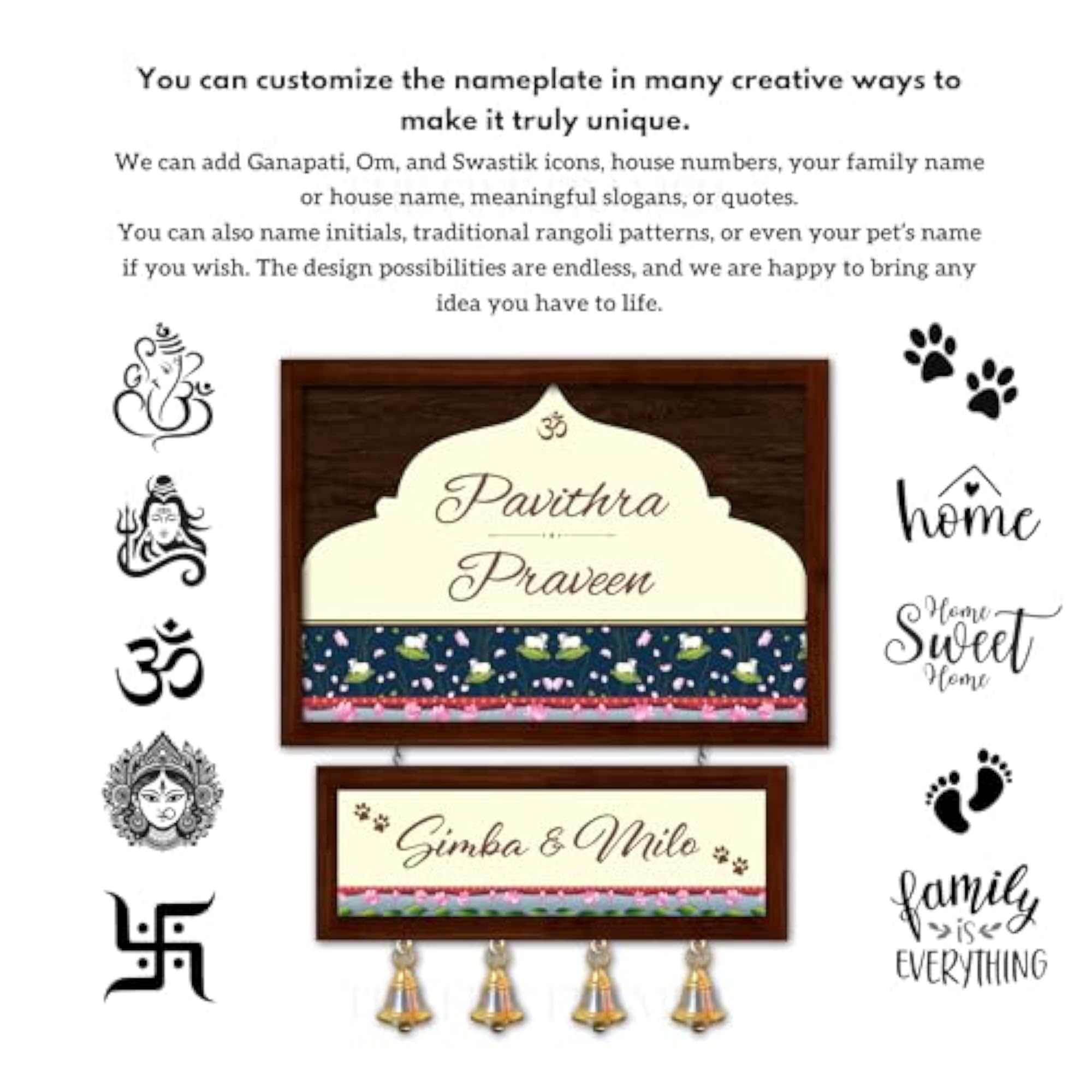 Personalized Brass Bell Wooden Door Plate with Matte Finish