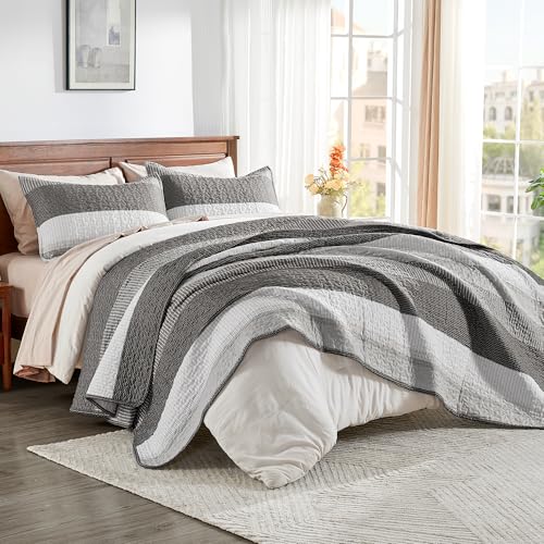 Image of Andency Oversized King Quilt Bedding Set, 120x98Inch Dark Grey Stripe Super King Bedspread Coverlet 3 Pieces, Soft Lightweight Patchwork Quilted Bed Set for All Season (1 Quilt, 2 Pillowcases)