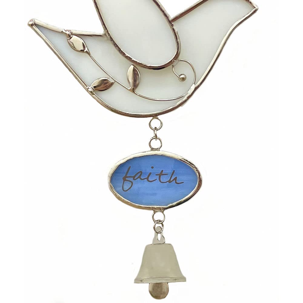 Stained Glass White Dove Faith Suncatcher with Bell