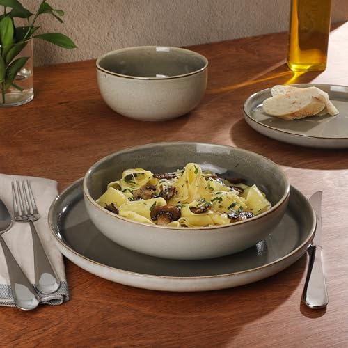 Image of Gibson Elite Sunveil 16 Piece (Service for 4) Plates and Bowls Reactive Glaze Round Dishes Stoneware Ceramic Dinnerware Set - Light Taupe