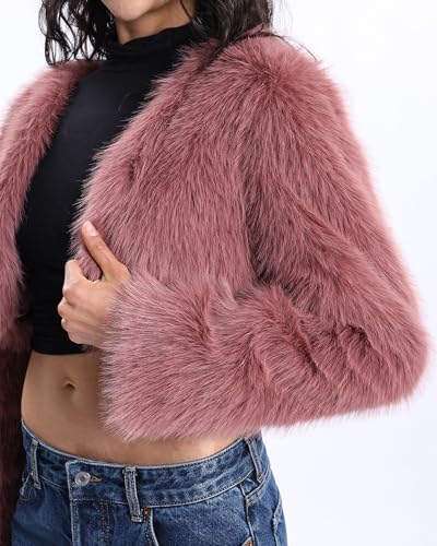 Xintianji Womens Faux Fur Cropped Jacket - Open Front Long Sleeve Winter Fuzzy Fleece Coat3