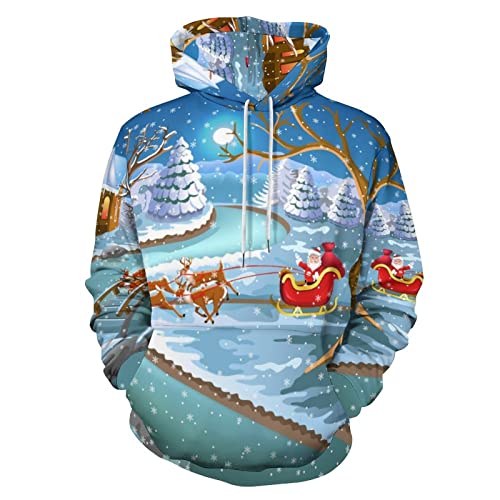 Sweat à capuche Noël adulte pull imprimé cerfs et paysage hivernal avec poche
