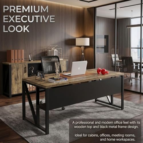 Image of FFO Nexus Executive Director Desk | Office Table | Manager Cabin Work Desk with Modesty Panel & Cable Grommet | Sturdy Metal Frame | Black Top & White Base | DIY 160x80 x75 CM DIY.