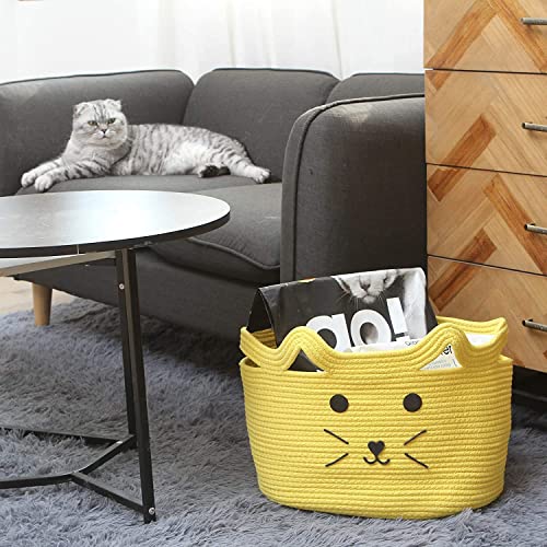 Image of ALBY Woven,Tall Wicker Laundry Basket for Blankets,Clothes,Pillows,Toys,Shoes Large Cotton Laundry Hamper for Bedroom Living Room Bathroom Nursery (15d'' x 12h'' inch, yellow cat)