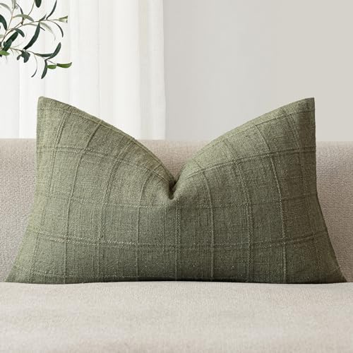 Image of Foindtower Set of 1 Decorative Linen Check Throw Pillow Cover Neutral Farmhouse Lumbar Cushion Cover Modern Boho Home Decor for Sofa Chair Couch Bedroom Living Room Outdoor,12x20 Inch,Sage Green