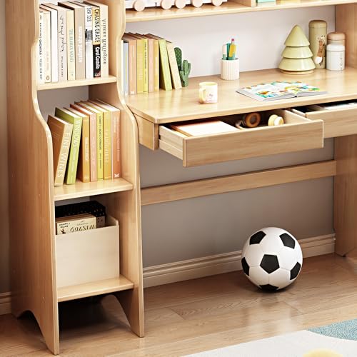 Image of Kids Desk＆Table with Shelves and Drawers Wooden Kids Media Desk Student Learning Computer Workstation and Writing Desk (Natural)