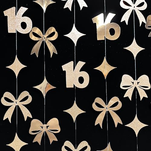 Image of Champagne Gold 16th Bow Birthday Decorations Champagne Conquette Bow Garland Streamer Banner Backdrop for Girls Boys Happy 16th Birthday Sweet Sixteen Cheers to 16 Years Old Anniversary Party Supplies