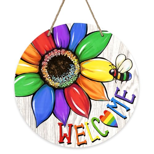 Bolisom Pride Rainbow Sunflower Welcome Front Door Sign Flower Bee LGBTQ Gay Lesbian Wood Door Hanger Outdoor Decor Floral LGBT Bisexual Pansexual Wooden Wreath Indoor Wall Hanging Decoration