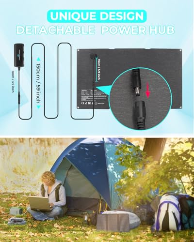 Ecosonique 20W Portable Solar Panel with Detachable Power Hub, 19V DC/USB-A QC 3.0/USB-C PD 18W ETFE IP67 Waterproof Folding Solar Phone Charger for Camping, Compatible with Smartphone, Power Station