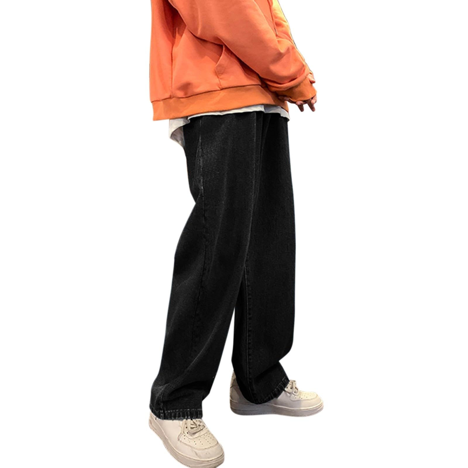 Heren wijde pijpen baggy jeans, elastische taille heren baggy jeans straat wijde pijpen broek mannen rechte pasvorm losse plus size rechte oversized denim broek met zakken - 3XL - Zwart