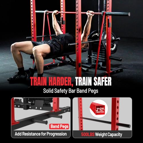 Image of Mikolo F4-2.0 Elite Power Cage with Weight Stack & Dual-Track Smooth Pulley System for Home Gym, 1200LBS Squat Rack with Leg Hold-Down for Heavy LAT Pulldowns (Red with Bench＆Bar＆230LB CP)