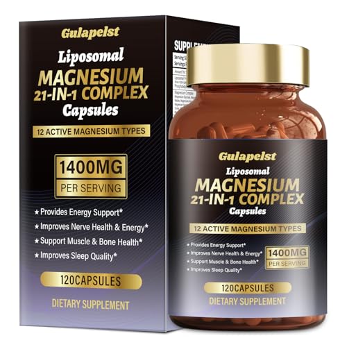 21 in 1 Liposomal 1400mg Magnesium Complex (Citrate Glycinate Malate etc) Capsule - 12 Active Types Magnesium with Vitamin D3 B6 B12 C Ashwagandha & CoQ10 for Women & Men - Support Bone & Muscle