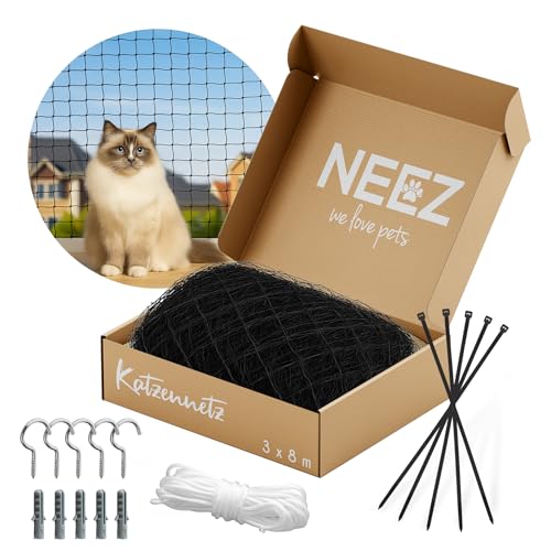 NEEZ Katzennetz für Balkon & Fenster ohne Bohren 3 x 8m - Schwarzes Robustes Katzenschutznetz inkl. Befestigungsset - Katzen Netz reißfest &...
