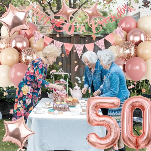 Image of Jobkoo 50th Birthday Decorations for Women, Retro Pink Beige Number 50 Balloon Set Happy 50th Birthday Banner Cake Topper Dusty Pink Beige Rosegold Star Balloons for Her 50 Year Old Bday Party Decor