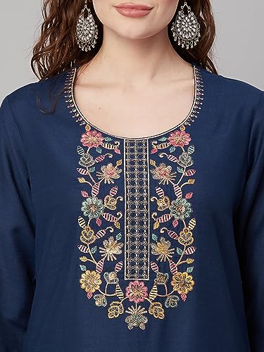 Image of GoSriKi Women's Cotton Blend Straight Embroidered Kurta with Pant & Dupatta