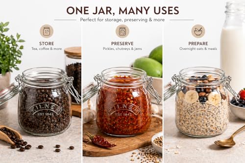 Image of Kilner Premium 500ml Round Airtight Glass Jar with Clip Top Lid for Pickles, Jams, Chutneys, Yougurt | Transparent, Reusable Multipurpose Kitchen Storage Container