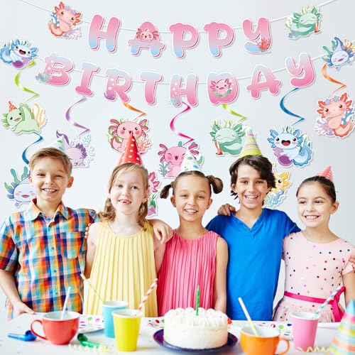 Image of Gameza Colorful Axolotl Birthday Decorations - 12PCS Axolotl Party Decorations Happy Birthday Banners Hanging Swirls Cute Funny Pink Blue Green Yellow Animals Themed Party Decor Supplies