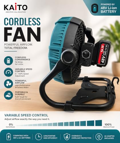 Image of KAITO 11 Inch Lithium Cordless Portable Fan with Variable Speed Regulator, AC /DC Dual Purpose, Overheat & Overload Protection, 48V Li-Ion Battery Included