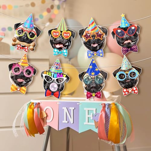 Image of Pug Birthday Garland - Photographic Pug Faces Birthday Banner, Funny Pug Bday Party Decoration for Pug Lovers, Pre-Strung & Ready to Hang, Reusable Pug Party Decor