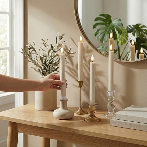Image of 10 inch Fluted Ribbed LED Cream Beige Grooved Real Wax Taper Candles, Remote & 24h Timer Memory, On /Off Switch - Flameless Dimmable Battery Operated w /Flicker Mode, Home Wedding Decor (6 Pack)