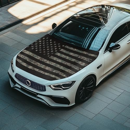 Image of Black American Flag Design Car Hood Cover Stretchable Polyester,Engine Cover,Elastic Fabrics Can be Washed,Car Bonnet All-Season Protection