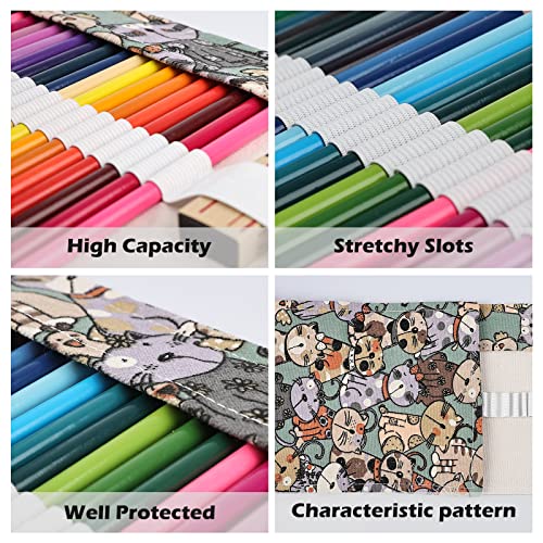 Image of Surblue Canvas Pencil Case Pencil Roll Wrap with 72 Slots Coloring Pencil Holder Organizer Paint Brush Storage Pouch Portable for Artist, Writer (Blue Cat