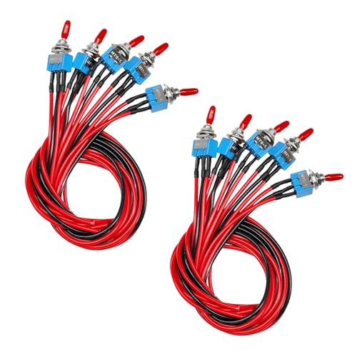MTRPS 10PCS Mini Toggle Switch, 3 Pins 2 Positions ON/Off SPST Rocker Switches with Pre-Soldered Wires, 6A/125V 3A/250V Metal Auto Toggle Switches for Car Truck Boat Light Test Machine (Blue)
