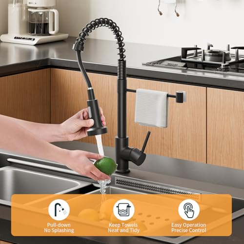 BESy Matte Black Kitchen Sink Tap, 2 Function Kitchen Sink Mixer Taps with Pull Out Spray, Brass High-Arc 360° Swivel Single Handle Spring Rv Taps - Image 2