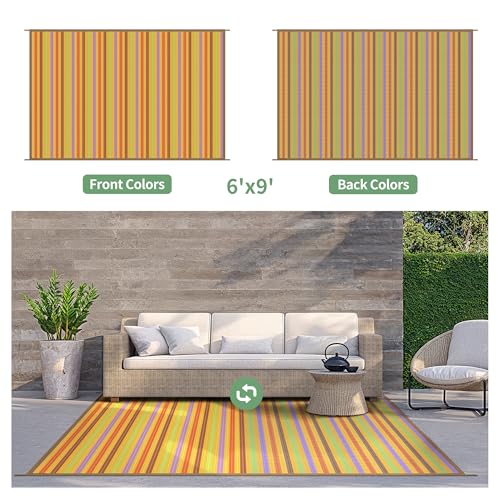 Image of GENIMO Outdoor Rug, Waterproof Plastic Rugs for Patio, 6'x9' Rainbow | Outside Larger Modern Carpet Mat for Porch Decor, Deck, Balcony, Camping, RV, Backyard, Picnic, Beach, Reversible, Foldable