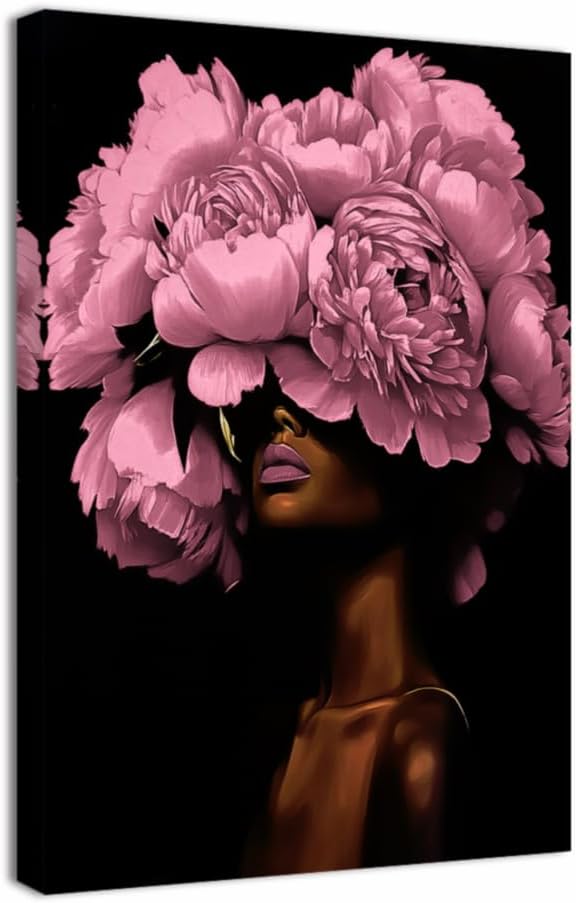 ZQQART African American Wall Art Black Woman Flower Canvas Prints Black Girls Floral Head Painting Girl Portrait Picture Wall Decor Framed(Purple,12L x 18W)