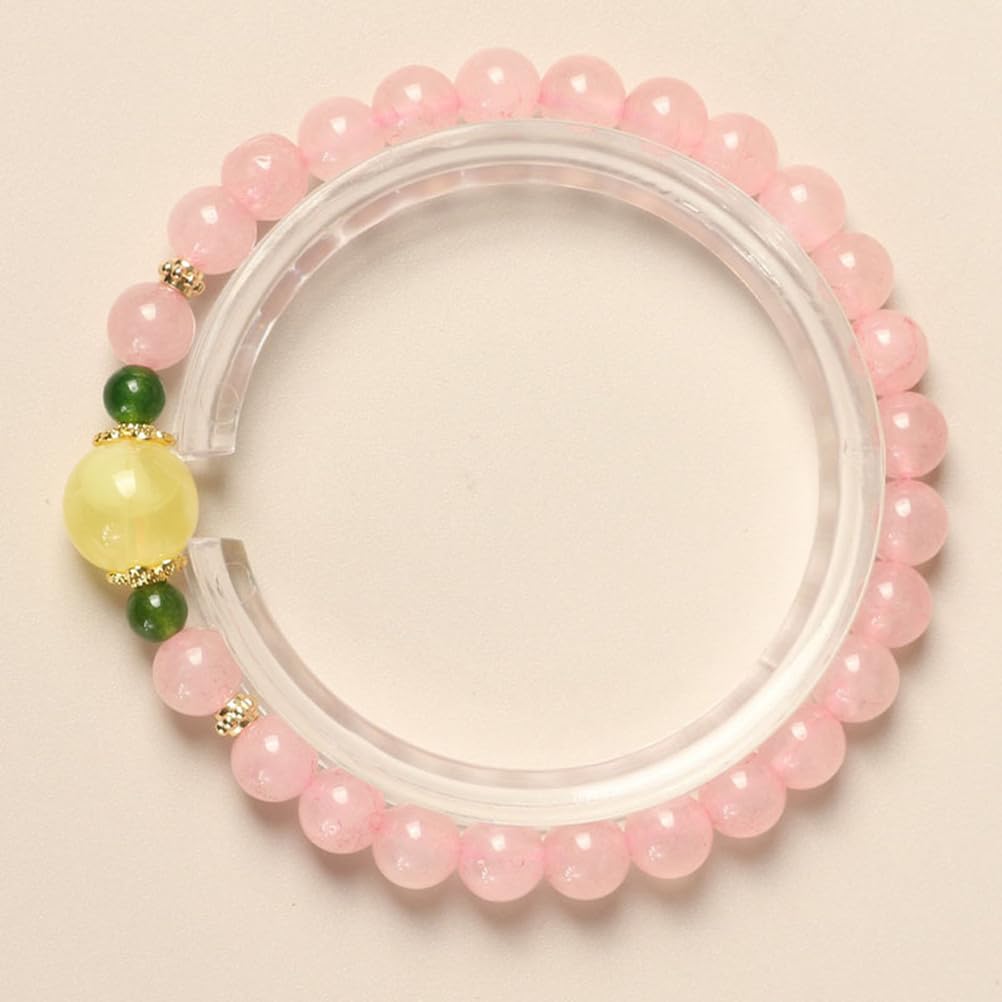 Bracciale in Quarzo Rosa e Ambra - Cristallo Rosa Naturale con Perle di Ambra autentica per Amore, Armonia ed energia Calda, Gioielli Elasticizzati per Donna
