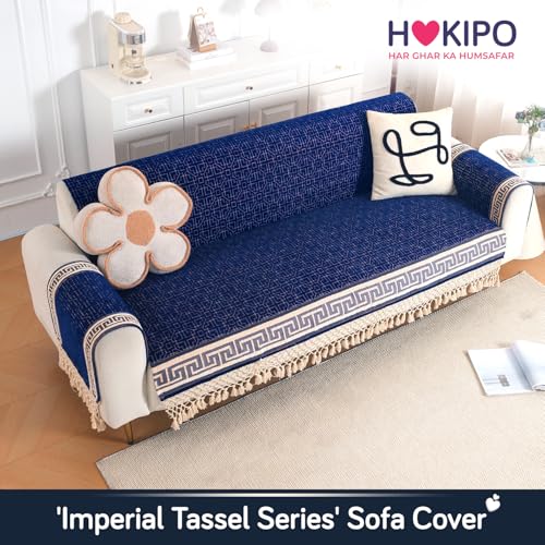 Image of HOKIPO 'Imperial Tassel Series' Premium Chenille Jacquard Sofa Cover Set for 3 Seater for Seat, Back & Arms with Tassels, Royal Blue (IN-1011 + IN-1012-I4*2)