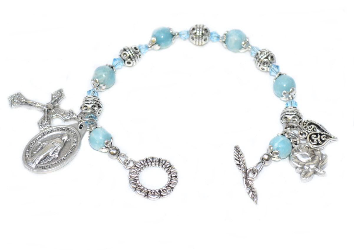 Holy Mary Rosary Bracelet in Blue Quartz, Virgin Mary