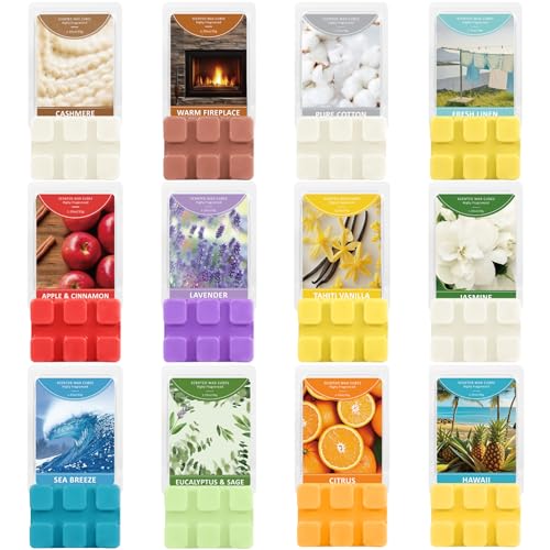 SCENTORINI Duftwachs für Duftlampe, 12 Düfte, Raumduft, Sojawachs Wax Melt, Geschenk Duftwachswürfel, für Kerzen Wärmer, Weihnach, Baumwolle, Leinen, Zitrus, Apfel Zimt, Kaschmir, Tahiti-Vanille