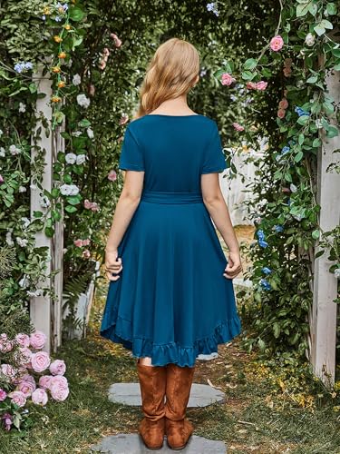 KYMIDY Girls Short Sleeve Swing Dress Kids Ruffle Loose Casual Twirl Belted Dresses with Pockets for Girls 6-12 Years4