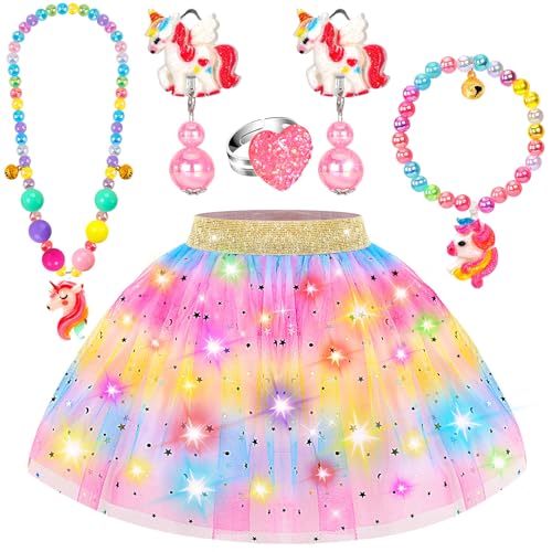 Princess Dress Up for Girls 4-6, Toddler Toys for Ages 3-6, 6 PCS Light Up Toddler Dress Up Clothes with Bracelet, Necklace, Kids Toys for 3 4 5 6 year old Girl Christmas Halloween Birthday Gift