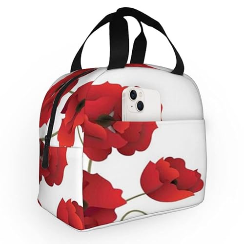 Fubido Poppy Flowers,Lunch Bag Lunch Box For Women Men Reusable Insulated Lunch Tote Bag,Red Poppy Flowers Floral,Leakproof Thermal Cooler Sack Food Handbags Case High Capacity For Travel,Red #TOP17