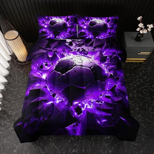 Image of Nttopship Soccer Bedding Comforter Set Full Size for Kids Teens and Adults, Purple and Black Football Printed Bedding Sets 3 PCS,Ball Sports Themed Bedroom Decor with 1 Comforter and 2 Pillowcases