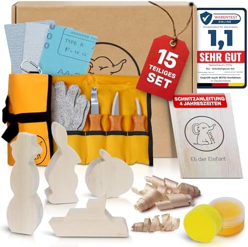 Eli® Schnitzmesser Kinder Set ab 6 Jahre inkl. Handschuhe und Schnitzholz | hochwertiges 5-teiliges Kindermesser Schnitzset - Kinderschnitzmesser - Schnitzwerkzeug - Taschenmesser