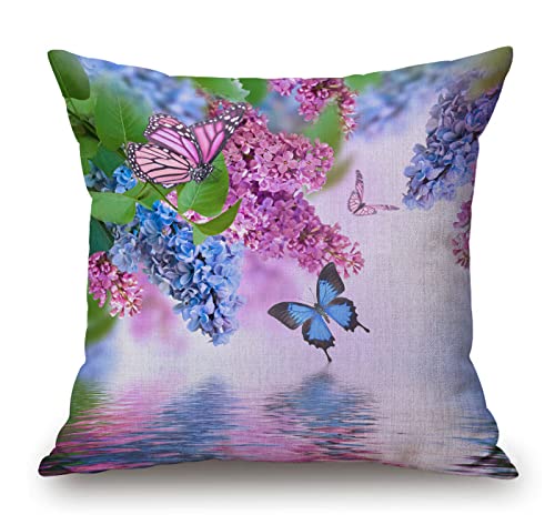 Solekla Butterfly Pillow case,Spring Blue Purple Lilac Flower with Green Leaves Square Throw Pillow Cover,Nature Botanical Plant Reflection in Water Home Decor Pillowcase for Sofa 18x18 Inches