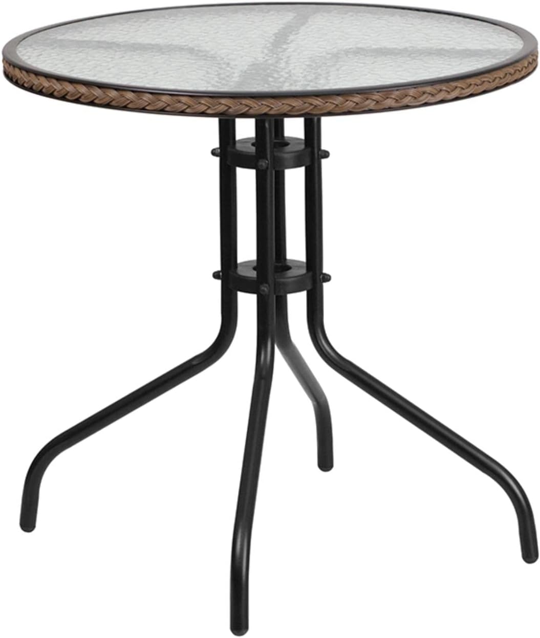 Flash Furniture Lila 28'' Round Glass Metal Table with Dark Brown Rattan Edging and 2 Dark Brown Rattan Stack Chairs