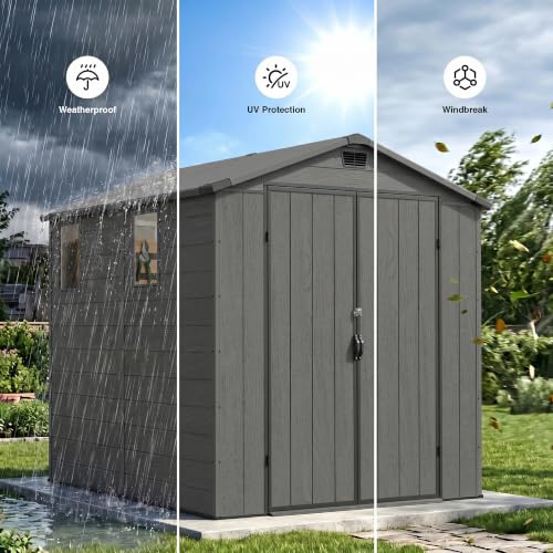Image of Devoko 6x8 FT Resin Outdoor Storage Shed with Floor, Plastic Garden Shed