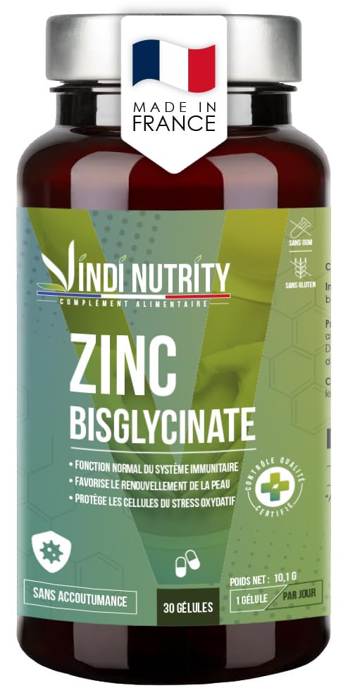 Zinc Bisglycinate – Immunité, Peau & Vitalité, Complément Alimentaire, 30 Gélules, VINDI NUTRITY, Fabriqué en France