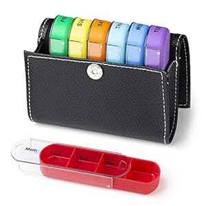 Comius Sharp Medicijnbox met 28 roosters, 7 dagen, regenboogpillendoos met PU-leer, handige en vochtbestendige…