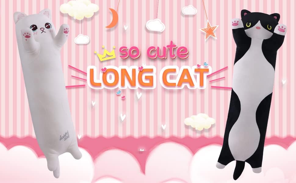 Miniatura 6 de Almohada de felpa suave para el cuerpo de gato, almohada larga de juguete de gatito, regalo para niños, novia (43.1 pulgadas, negro)